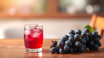 Grape Juice in a Glass with Ice and Fresh Grapes – Refreshing Beverage Concept