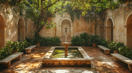 Secret Garden Oasis: A serene and picturesque courtyard, featuring a fountain, lush vegetation, and architectural details, evokes a sense of tranquility and natural beauty.