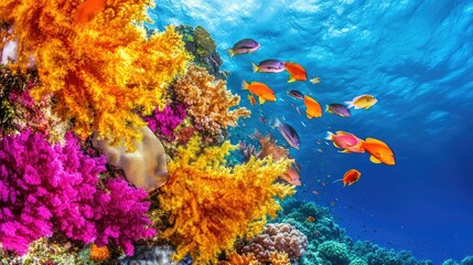 Naklejka premium A bright and colorful coral reef with clear blue water and a variety of sea life, surrounded by healthy coral, vibrant and beautiful, with copy space.