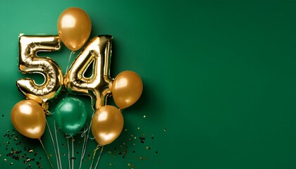 Banner with number 54 balloons on green background with copy space. Generated image