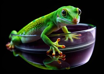 Obraz premium Emerald Gecko on Glass, Black Background - Bottom View Stock Photo