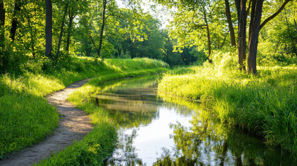 winding river path through dense forest, surrounded by lush greenery and sunlight