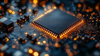 A high-tech circuit board as the backdrop, along with abstract digital technology demonstrations, an electronic component, digital infrastructure, a blue tech theme, and the expansion of modern