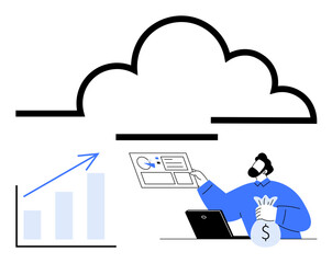 Cloud icon above graph with rising trend, person holding financial report and money bag. Ideal for technology, finance, investment, data analytics, business strategy, cloud solutions, startup