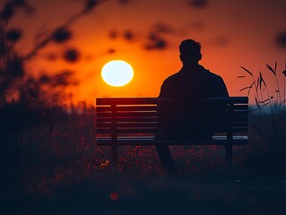 Obraz premium A solitary figure on a park bench watches the sunset unfold