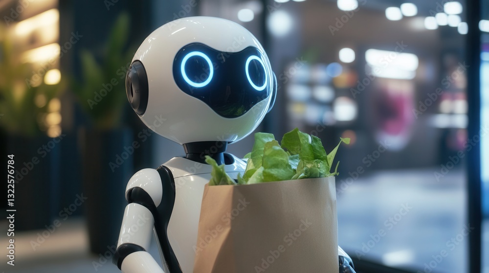 Aufkleber Friendly robot delivers groceries in a futuristic smart home setting with advanced technology features