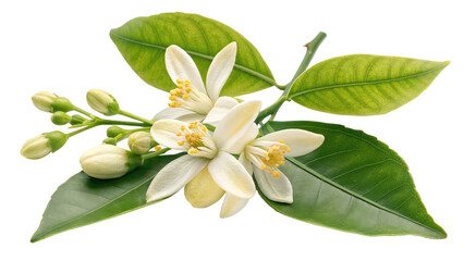 Realistic citrus blossom with intricate petal details and vibrant green leaves, ideal for floral compositions and organic product branding on transparent background PNG

