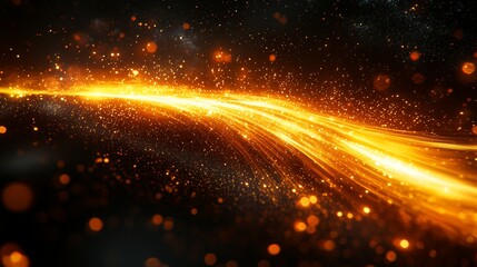 Fototapeta premium Abstract background in a futuristic context, characterized by swirling orange and yellow motion blur lines, illuminated by flashes of light on a dark backdrop, representing cutting-edge technology