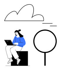 Woman working on laptop while seated, cloud highlights tech themes, magnifying glass symbolizes search. Ideal for technology, research, online tools, cloud computing, education, analysis digital