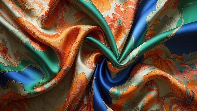 Vibrant silk fabric with floral and geometric patterns folded intricately on display - Powered by Adobe