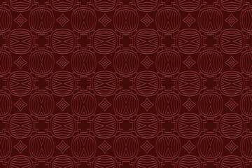 Geometric burgundy background, tribal original cover design, banner. 3D pattern, embossing, relief texture. Ornaments, arabesques, mandala of the East, Asia, India, Mexico, Aztec. Ethnic composition.