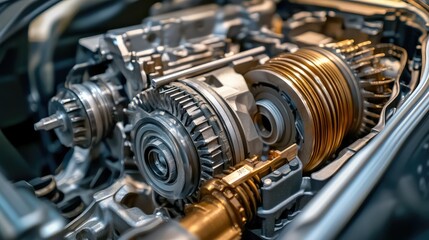 A detailed view of the internal gears and shafts of a car gearbox, with mechanical tools arranged for the repair work.
