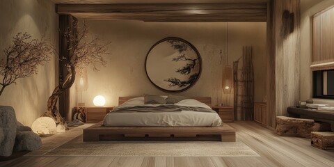 A serene bedroom space designed in a natural and artistic style