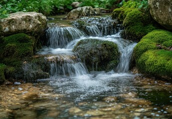 Fototapeta premium Serene Close-Up of Gentle Stream Flowing Over Smooth Rocks Surrounded by Lush Green Moss and Vibrant Forest Vegetation in Nature's Tranquil Environment
