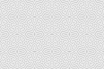 Geometric white background, tribal design cover, banner. Greek 3d pattern, meander. Embossing, relief texture. Ornaments of the East, Asia, India, Mexico, Aztec, Peru. Ethnic composition.