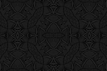 Geometric black background, tribal cover design, banner. Openwork 3D pattern. Embossing, relief texture. Ornaments, arabesques, mandala of the East, Asia, India, Mexico, Aztec. Ethnic composition.