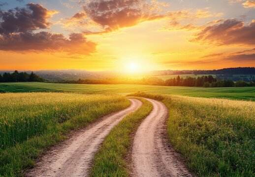 Serene Country Pathway at Sunset with Lush Green Fields and Vibrant Sky in Warm Orange and Yellow Hue Over Arresting Horizon