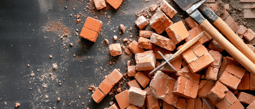 Scattered bricks and tools on work surface, showcasing construction work