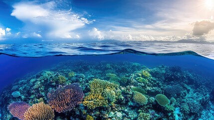 Fototapeta premium A peaceful ocean scene with undisturbed waters and a colorful coral reef, emphasizing the success of marine preservation efforts.