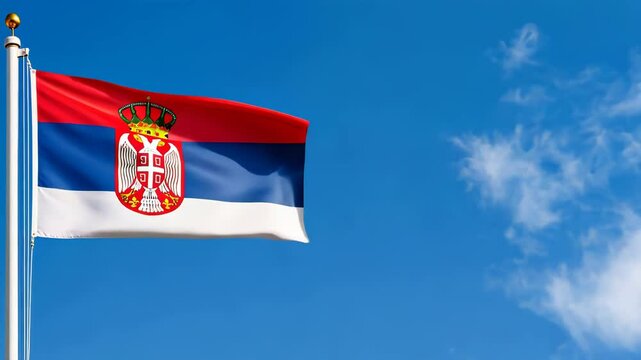 national flag of serbia waving on the wind, banner in the blue sky
