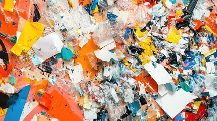Naklejka premium A pile of mixed recyclable materials on a clean surface, with emphasis on separating materials like glass, paper, and plastic for recycling.