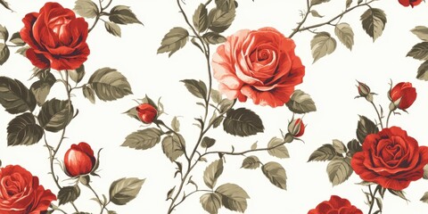 Repeating pattern of red roses with green leaves and stems