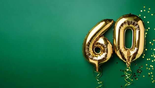 Banner with number 60 balloons on green background with copy space. Generated image