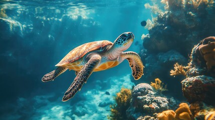 Fototapeta premium A sea turtle swimming in a clear ocean, surrounded by healthy coral, showcasing the beauty of marine life and the need for protection.