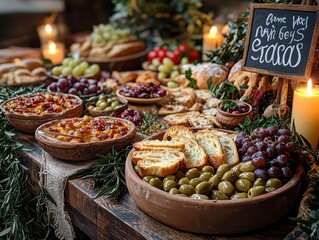 Obraz premium Gourmet Feast with Olives and Grapes: A stunning gourmet arrangement with olives and grapes, the centerpiece of a rustic table. Candles casting a warm glow.