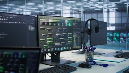 Close up of computer displays in empty data center establishment monitoring hardware energy...