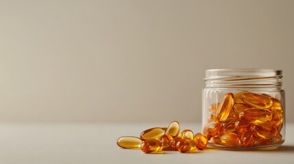 A simple composition featuring fish oil capsules on a neutral surface, with an open glass jar beside them and clear space for textual content or design elements.