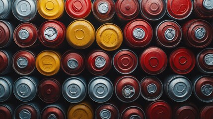A stack of empty cans and bottles ready for recycling, displayed in a neat arrangement with ample copy space.