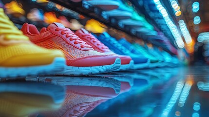 The hustle of shoppers is captured in a blurred motion as they pass a vibrant sneaker display, offering a colorful array of trendy footwear in a dynamic retail environment