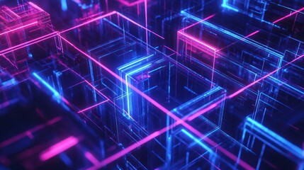 Obraz premium Show a digital, abstract grid design in deep blue tones, with glowing neon blue lines cutting through the grid for a high-tech feel