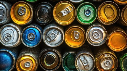 A stack of empty cans and bottles ready for recycling, displayed in a neat arrangement with ample copy space.