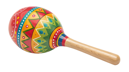 Traditional colorful maraca with intricate patterns, perfect for musical-themed designs, festive celebrations, and cultural artwork on transparent background PNG

