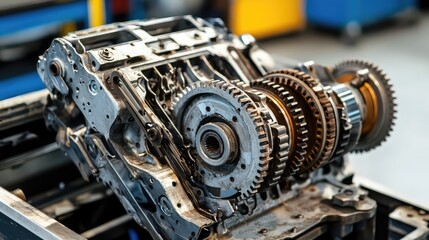 Fototapeta premium A view of a partially disassembled gearbox with gears and cogs visible, showing the inside of the transmission system for repair.