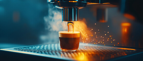 Kaffeetasse wird unter einer Espressomaschine mit Dampf gef&uuml;llt

