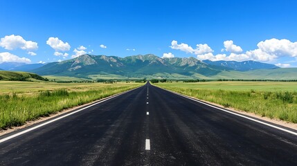 Naklejka premium Asphalt Road Leading to Majestic Mountains under a Blue Sky