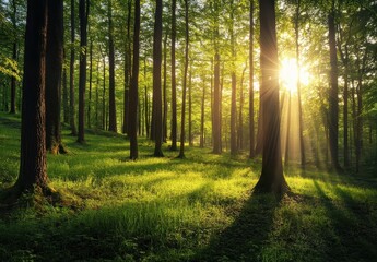 Obraz premium Serene Forest Scene with Sunlight Filtering Through Green Leaves in a Peaceful Nature Setting at Dawn or Dusk