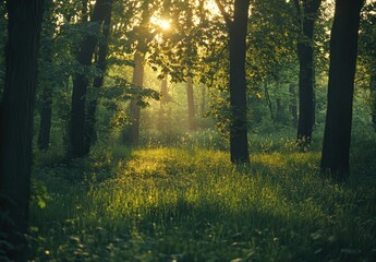 Obraz premium Serene Forest Scene with Sunlight Filtering Through Trees and Illuminating Lush Green Grass in Early Morning Nature Landscape