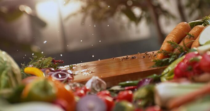 Ultra slow-motion shot of an unknow chef dropping lettuce leaf on chopping board, preparing ingredients for salad
