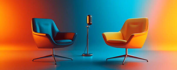 Interview Setup: Two vibrant armchairs face each other with a classic microphone stand, bathed in dynamic lighting, suggesting an upcoming conversation or broadcast