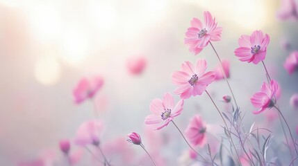 Fototapeta premium Delicate pink cosmos flowers gracefully swaying in a soft breeze