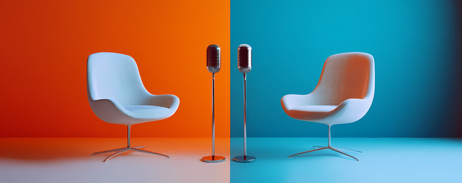 Modern Contrast: An artistic composition, this image showcases the striking visual interplay between two elegant chairs positioned against a vivid split backdrop of orange and blue.