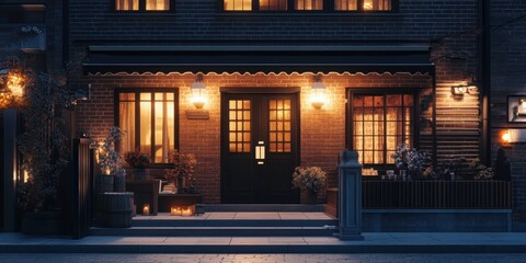 A charming brick building facade glows warmly at dusk hours