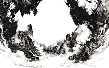 Fototapeta premium Ink painted mountain range scenery with artistic ethereal presentation