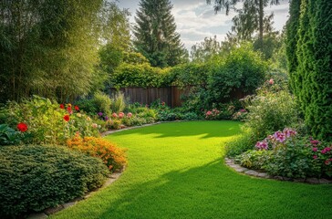 Serene Garden Landscape with Vibrant Flowers and Lush Green Lawn Surrounded by Trees and Shrubs Under a Clear Blue Sky in Late Afternoon Light