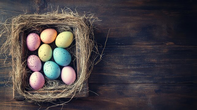 Chalkboard with Easter eggs placed around it, rustic theme, plenty of negative space in the center for text overlay.