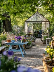 Obraz premium Serene garden pathway leading to a charming greenhouse surrounded by vibrant flowers and lush greenery during bright sunny weather